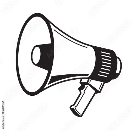 Black and white vintage art illustration of a megaphone representing announcement and communication