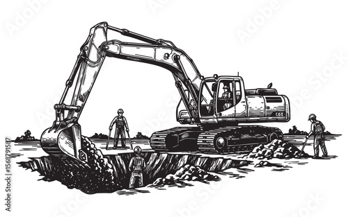 Excavator and Workers at Construction Site Vector Engraving
