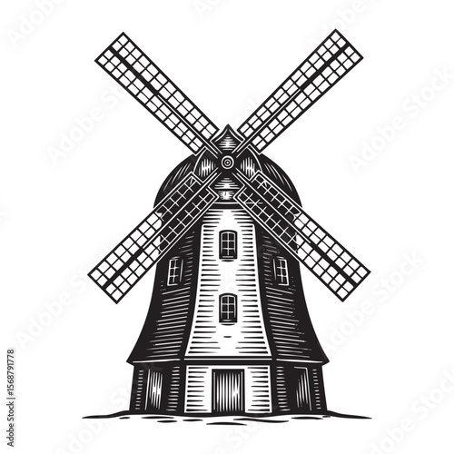 Rural Windmill Vector Engraving Illustration