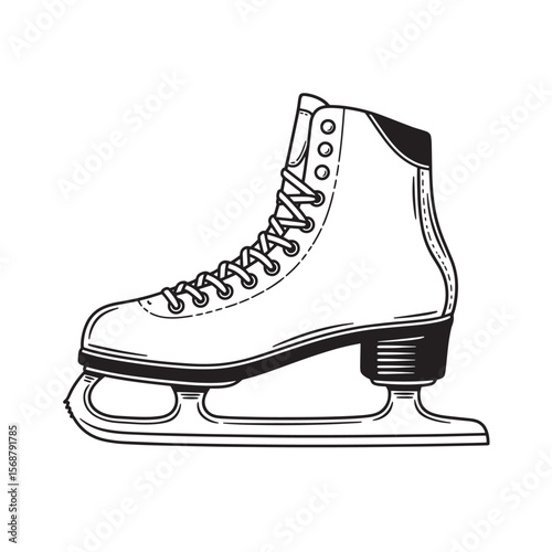 Classic illustration of a black and white ice skate depicting winter sports and seasonal activities