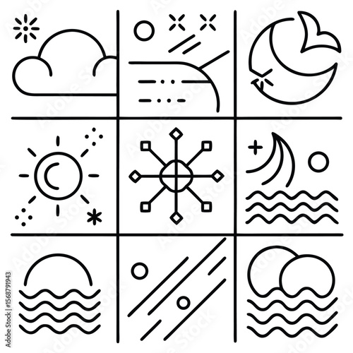 Weather symbols cloud sun moon waves snowflake vector