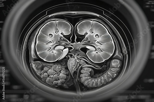 Detailed view of human kidneys and surrounding organs captured in medical imaging technology