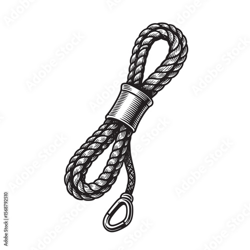 Detailed hand drawn illustration of a nautical rope with a metal eye loop and vintage art style