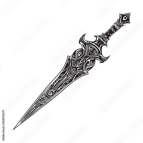 Silhouette of Dagger isolated on a white background, Intricately detailed engraved illustration of a vintage art silhouette dagger on a clean white background