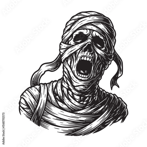 Screaming Ancient Mummy Vector Engraving Illustration