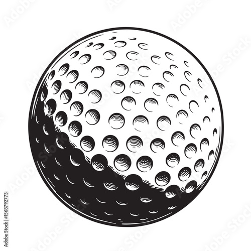 Detailed vintage art illustration of a golf ball featuring engraved style and shadow effects