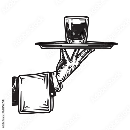 Waiter Hand Holding Tray with Drink Vector Engraving Illustration

