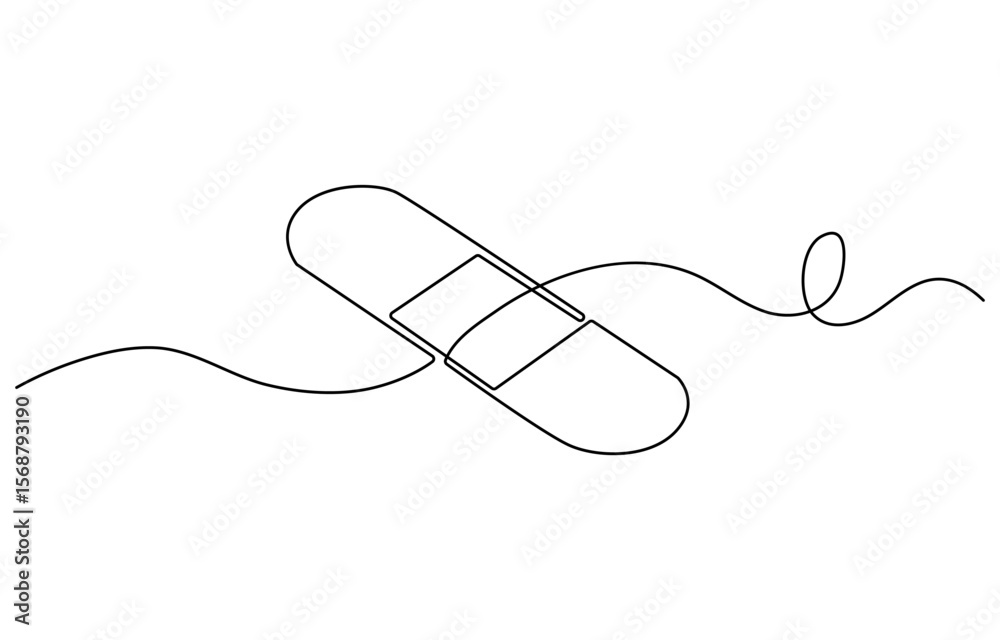 Obraz premium One continuous line drawing of bandage . Single line of bandage vector illustration, Outline drawing of a plaster, medical icon, Medical plaster, Corn Plaster, elastic medical plaster or adhesive.