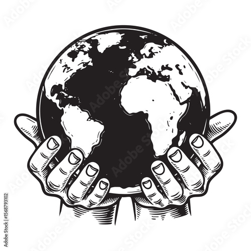 Hand Holding Earth Globe Vector Engraving Illustration