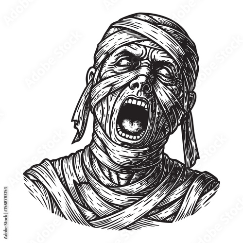 Screaming Ancient Mummy Vector Engraving Illustration