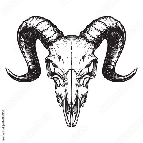 Ram Skull with Horns Vector Engraving Illustration