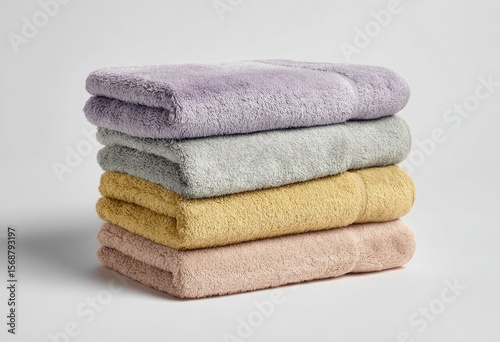 Stack of soft, folded towels in muted colors