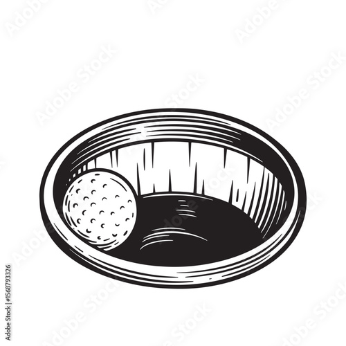 Golf ball falling into a hole black and white vintage art graphic illustration