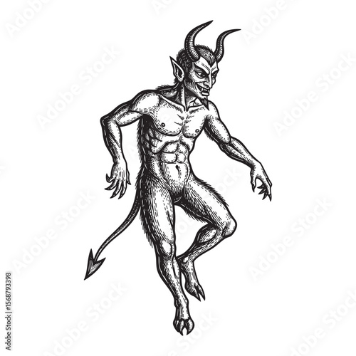  Sinister Devil Demon Figure Vector Engraving Illustration