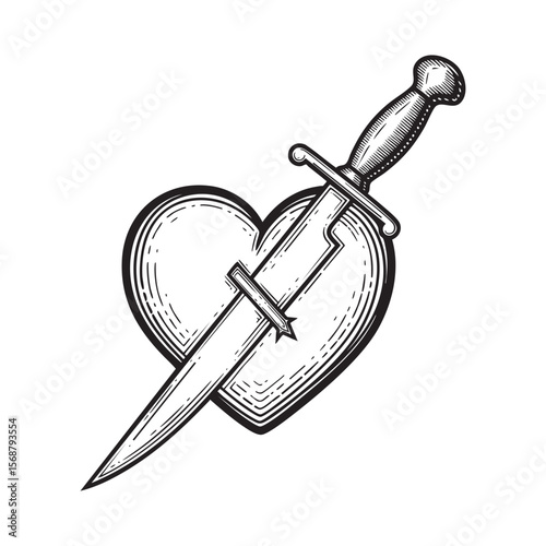 Heart Pierced by Dagger Vector Engraving Illustration