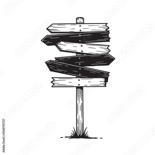 Hand drawn vintage art illustration of a rustic wooden signpost with multiple directional arrows on a white background