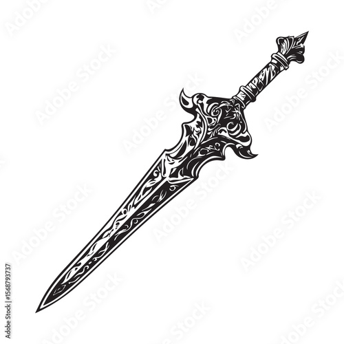 Silhouette of Dagger isolated on a white background, Intricately detailed engraved illustration of a vintage art silhouette dagger on a clean white background