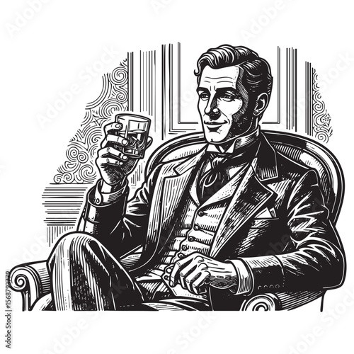 Gentleman with Whiskey Glass Vector Engraving Illustration