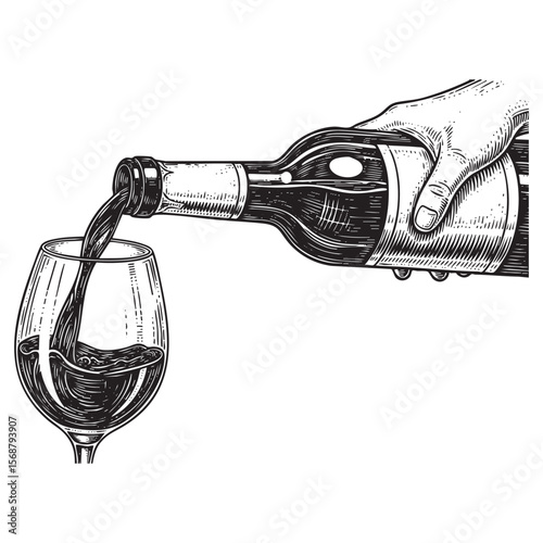 Hand Pouring Red Wine into Glass Vector Engraving Illustration

