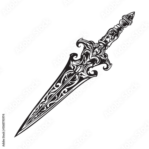 Silhouette of Dagger isolated on a white background, Intricately detailed engraved illustration of a vintage art silhouette dagger on a clean white background