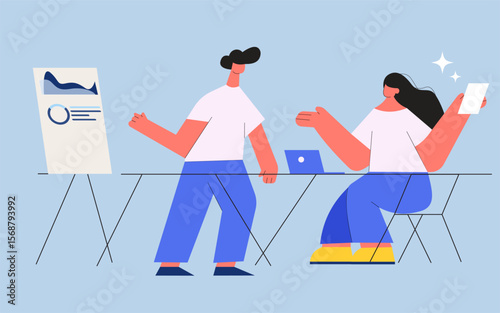 Woman and man business people vector cartoon art illustration silhouette data analyst and presentation concept