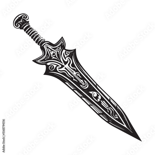 Silhouette of Dagger isolated on a white background, Intricately detailed engraved illustration of a vintage art silhouette dagger on a clean white background