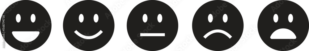 Fototapeta premium Feedback emoticon black flat icon set. Very happy, happy, neutral, sad and very sad emoji. Rating face emoji good to bad customer feedback indicator for survey, reviews, experience and satisfaction.