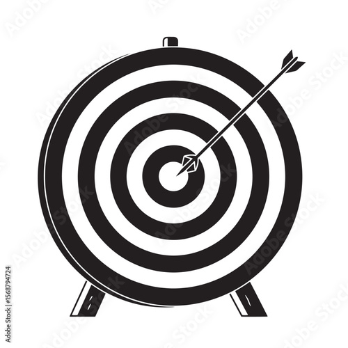 Simple monochrome illustration depicting an arrow piercing a bullseye target a vintage art concept for goal achievement