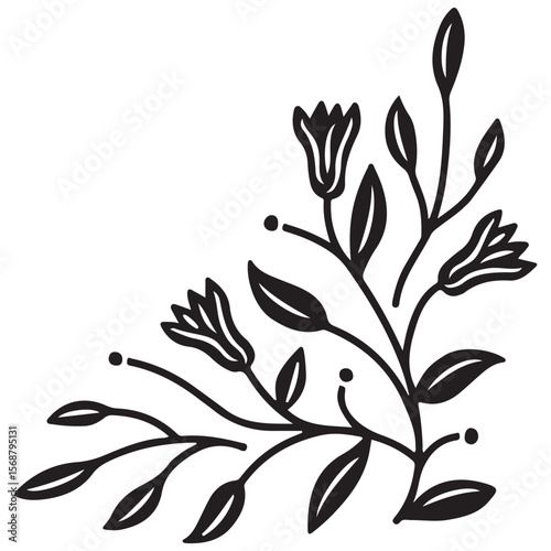 Black and white floral background with flowers leaves branches and ornate decorative design