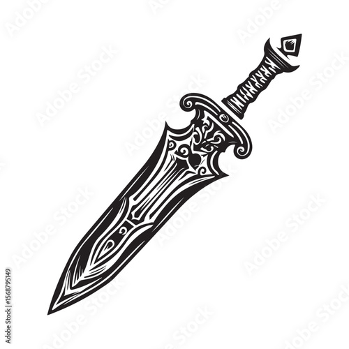 Silhouette of Dagger isolated on a white background, Intricately detailed engraved illustration of a vintage art silhouette dagger on a clean white background