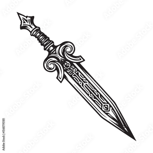 Silhouette of Dagger isolated on a white background, Intricately detailed engraved illustration of a vintage art silhouette dagger on a clean white background