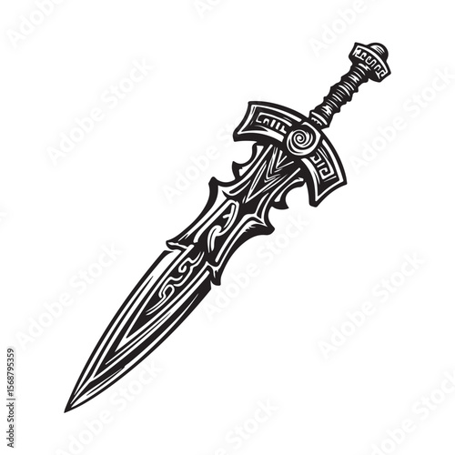 Silhouette of Dagger isolated on a white background, Intricately detailed engraved illustration of a vintage art silhouette dagger on a clean white background