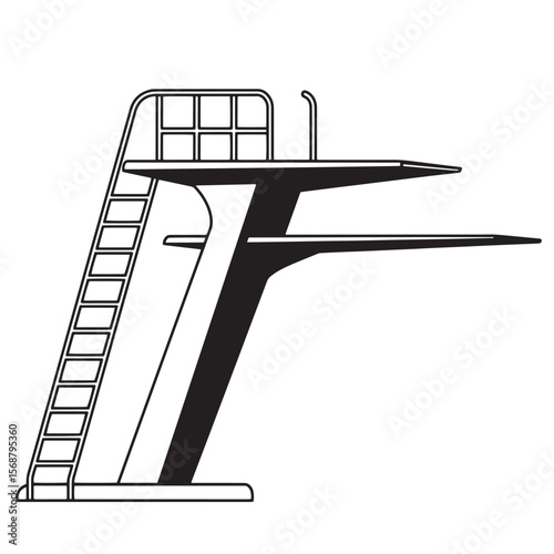 Vintage art black and white illustration of a diving board structure for pool and aquatic sports