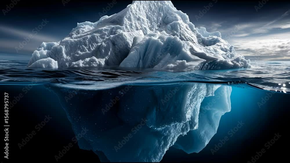A large ice block is floating in the ocean. The water is dark blue and the ice is white