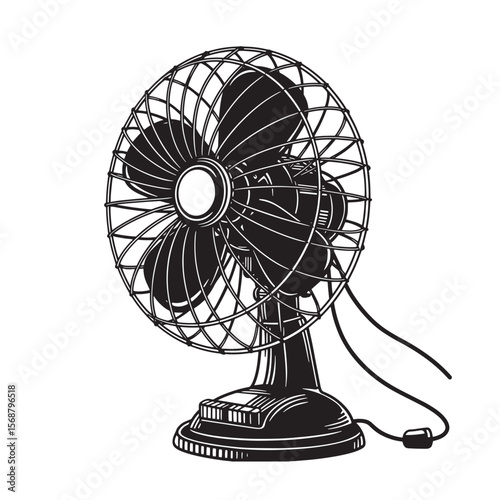 Vintage desk fan illustration in black and white depicting a classic cooling appliance
