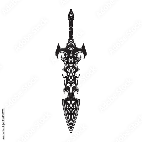 Silhouette of Dagger isolated on a white background, Intricately detailed engraved illustration of a vintage art silhouette dagger on a clean white background