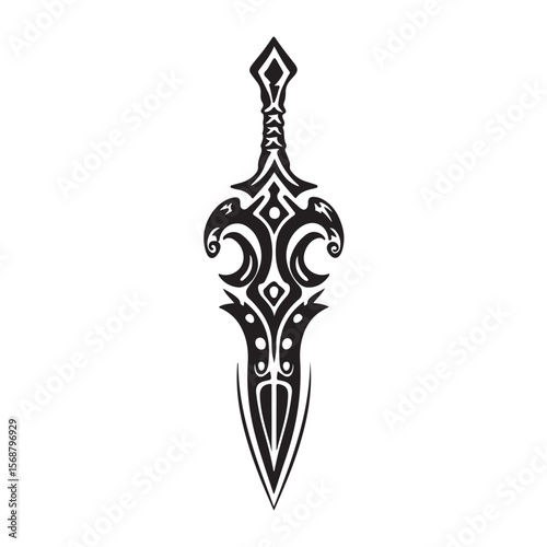 Silhouette of Dagger isolated on a white background, Intricately detailed engraved illustration of a vintage art silhouette dagger on a clean white background