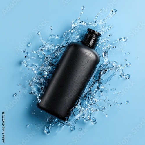 Black plastic bottle surrounded by water splashes on a light blue background