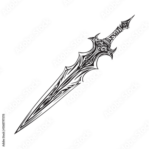 Silhouette of Dagger isolated on a white background, Intricately detailed engraved illustration of a vintage art silhouette dagger on a clean white background