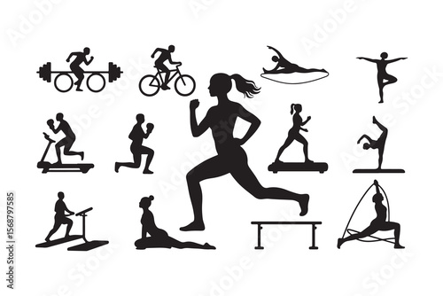 Diverse silhouettes of people engaging in various fitness activities and sports