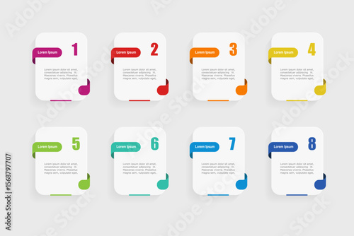 For business concept with 8 steps infographics,  rectangle shape with multicolor label,  design for workflow layout, diagram, annual report, web design. vector