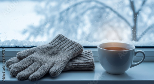 Warm gloves and tea on windowsill with snowy background  
