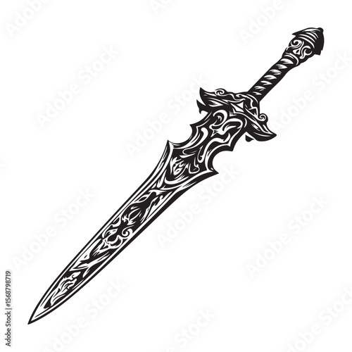 Silhouette of Dagger isolated on a white background, Intricately detailed engraved illustration of a vintage art silhouette dagger on a clean white background