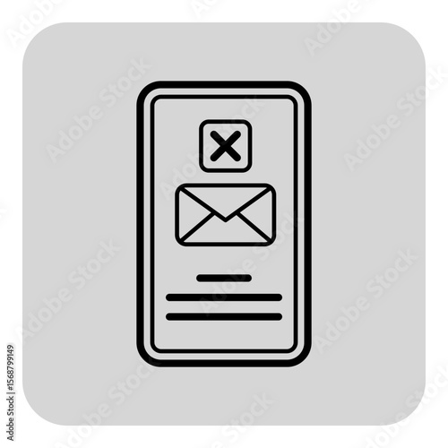 Line icon of smartphone display with error symbol and envelope, indicating communication failure. Design of minimalistic style on gray background