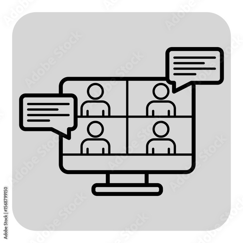 Digital interface with four participants in separate video boxes, each connected through online meeting platform, exchanging messages during discussion