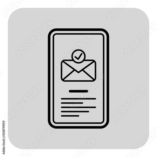 Line icon of mobile device featuring envelope symbol and checkmark. Email notification confirmation on modern smartphone concept