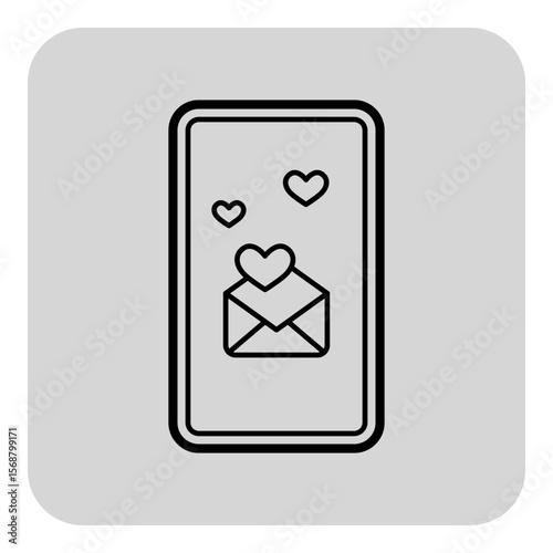 Mobile device with envelope and hearts symbolizing affection and communication in simple style. Digital love messages concept