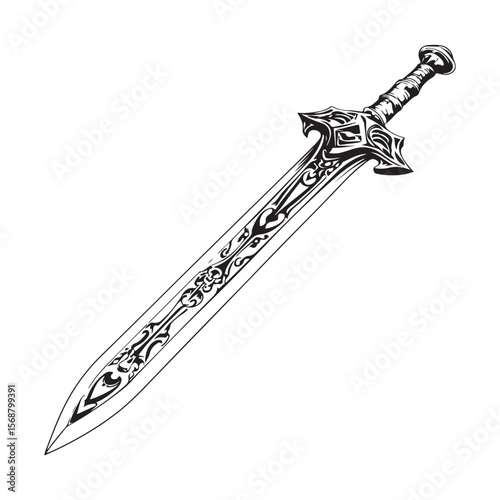 Silhouette of Dagger isolated on a white background, Intricately detailed engraved illustration of a vintage art silhouette dagger on a clean white background