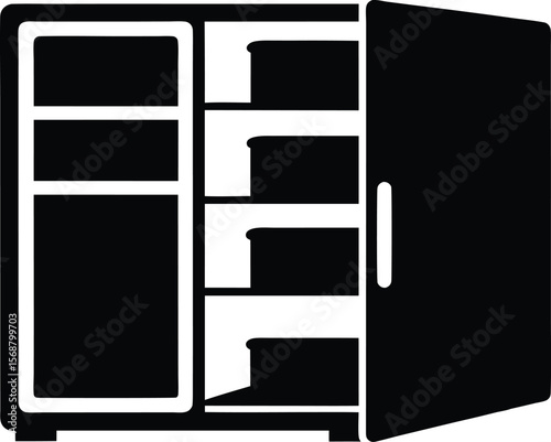 Open refrigerator with shelves Vector  silhouette. with white background