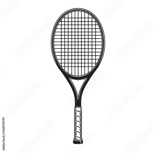 Black and white vintage art illustration of a classic tennis racket isolated on white background